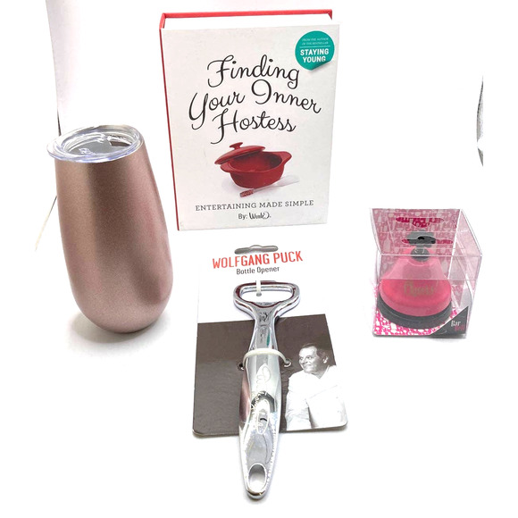 Lot of 4 stocking stuffers or hostess gifts  Flask, bell, swig, bottle opener - Picture 1 of 12